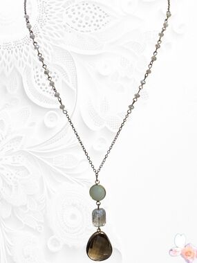 Versona Smoky Brown Teardrop & Pale Green Disc Pendant Necklace